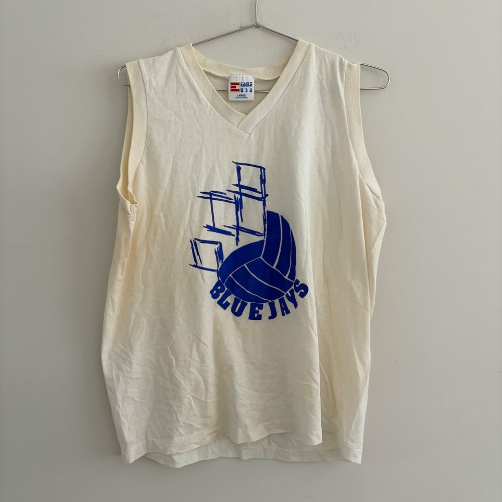 Eagle USA Bluejays Volleyball Sleeveless Shirt Mens Large White V-Neck Vintage